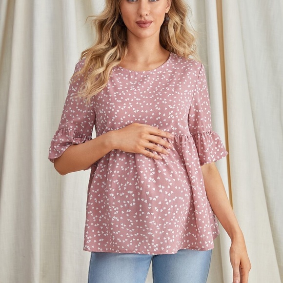 BellanBlue Tops - MATERNITY heart print babydoll ruffle top pink